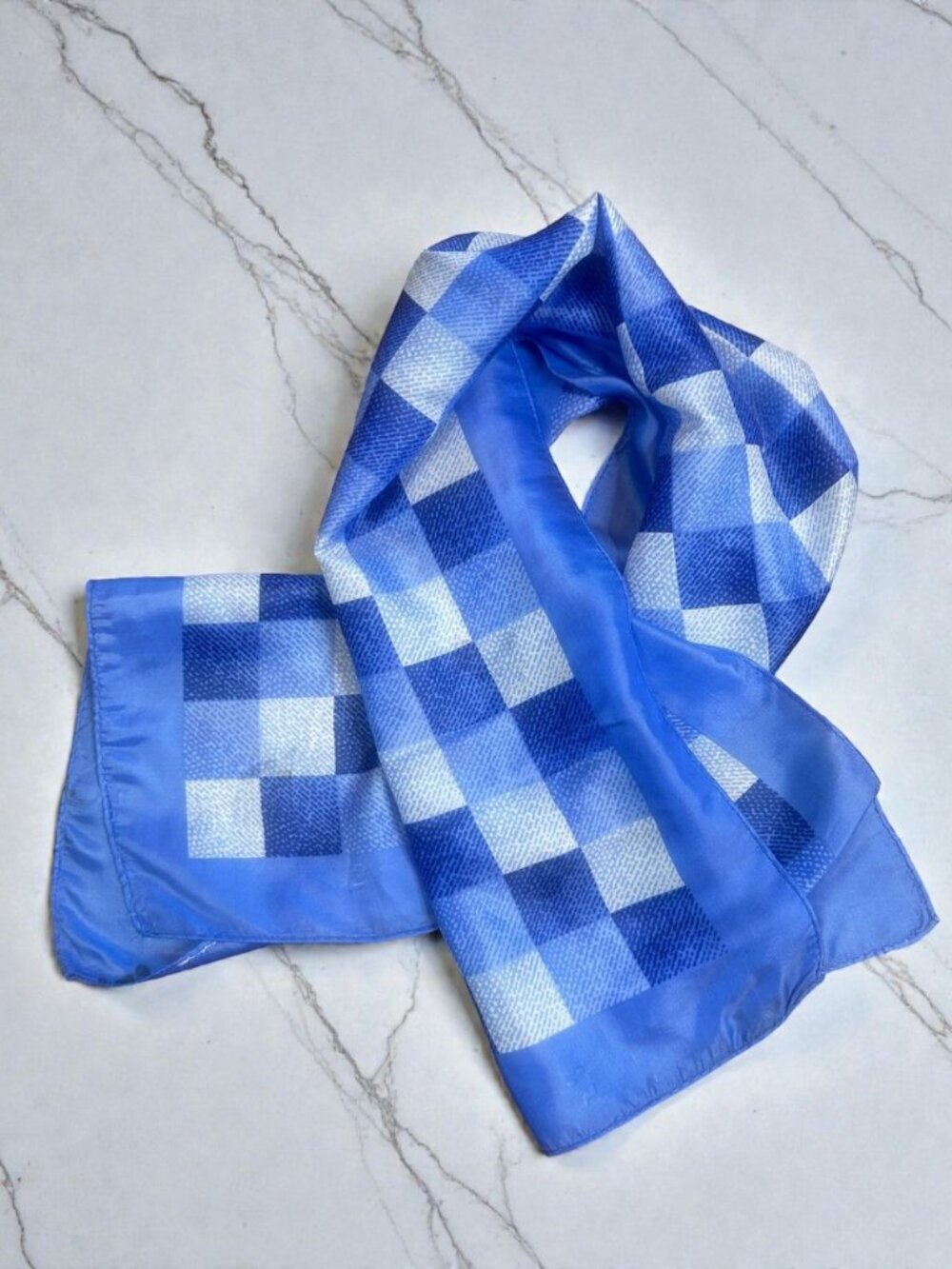 Vintage Varied Microdot Blue Checked Rectangular Scarf - Picture 2 of 6